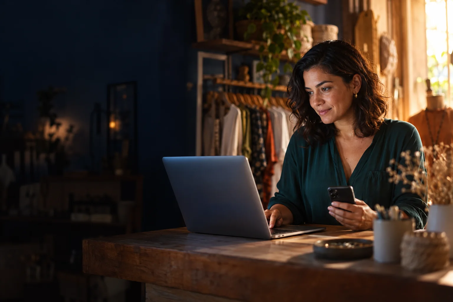 Cena ilustrativa de uma empreendedora preparando a divulgação da sua loja no computador